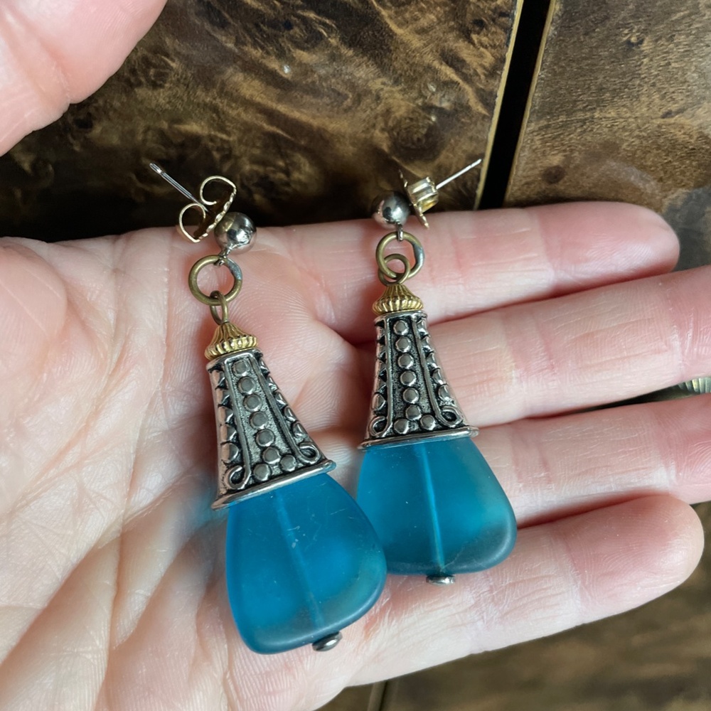 Designer Masha Archer Blue Frosted Resin Bell Earrings with Ornate Silver Caps - Picture 10 of 14